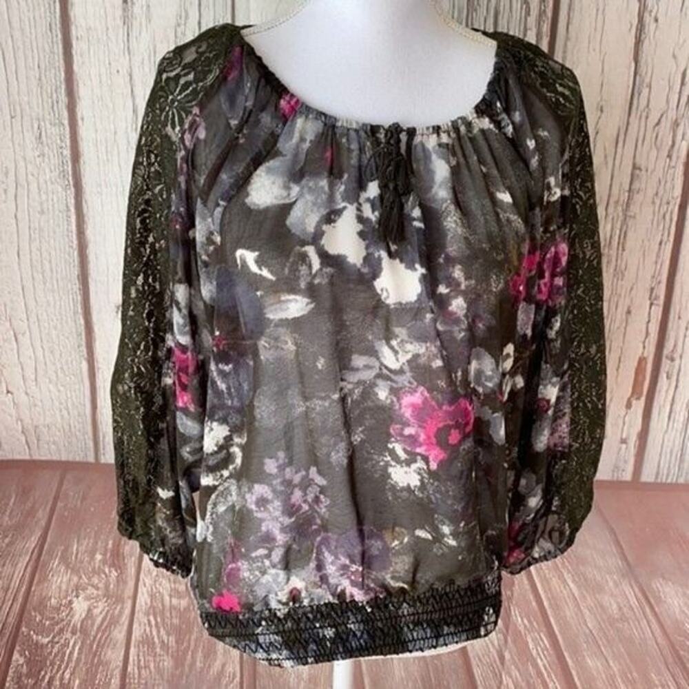Ariat Top Shirt Blouse Womens Medium Green Sheer Floral Lace Western‎ Cowgirl